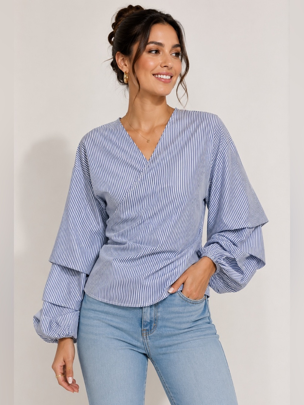 Unique Spectrum Navy and White Wrap Blouse